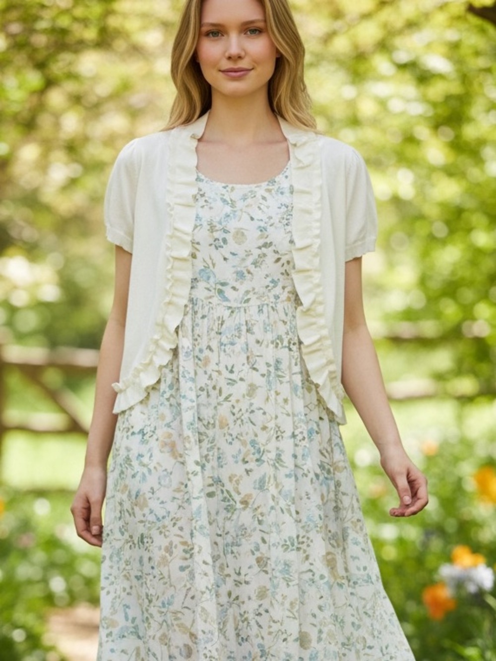 Audrey & Grace Cream Ruffled Short-Sleeve Open Cardigan